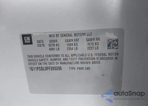 2015 Chevrolet Malibu 1Lz from USA, damaged, VIN 1G11F5SL0FF280296